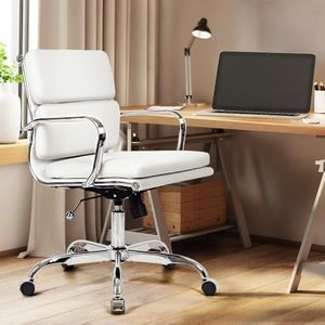 Furb Eames Office Chair with Adjustable Tilt Function, Lumbar Support Office Desk Chair, Adjustable Height Swivel Chair with Silver Armrests and Legs for Home （White）