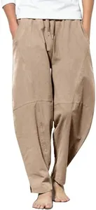 COOFANDY Men's Baggy Capri Trousers Drawstring Vacation Linen Summer Beach Pants Black L