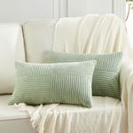 Fancy Homi 2 Packs Sage Green Long Lumbar Decorative Throw Pillow Covers 16x24 Inch for Couch Bed Sofa, Rustic Farmhouse Boho Home Decor, Soft Striped Corduroy Rectangle Accent Cushion Case 40x60 cm