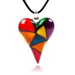 CHUVORA Hand Blown Murano Glass Multi-Colored Mosaic Design Heart Pendant Necklace, 18-20 inches