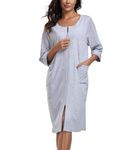 ANLIQI Womens Zipper Robes Knee Length 100% Cotton Short Sleeve Bathrobes for Women Soft&Lightweight Housecoats with Pockets, A3_grey, Large
