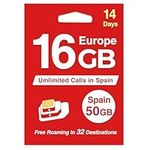 Europe Prepaid SIM Card 16GB Roaming Data (Spain 50GB Unlimited Calls) Go Roam Traveler Use in 32 European Destinations EU UK Germany Italy for 14 Days France,Italy,Germany,Portugal