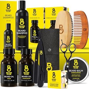 The Beard Club Beard Kit for Men - Beard Grooming & Beard Care Kit - Cedar & Sandalwood Beard Oil, Beard Balm, Beard Shampoo, Beard Brush, Comb, Beard Trimming Scissors, Straight Edge Razor - Gift Set