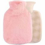 SKOFRI Hot Water Bottle,Hot Water Bottles with Covers 1 Pack Luxury Cosy Faux Fur Pom Pom Cover Soft Fluffy 1 L for Hand Feet Warmer,Neck and Shoulder Heating Pad For Pain Relief(Pink)