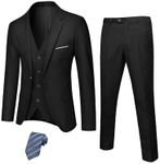 Hihawk Men's 3 Piece Suit with Stretch Fabric, Solid Slim Fit One Button Suit Blazer Set, Jacket Vest Pants with Tie., Black, X-Large