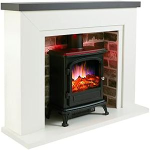 Endeavour Fires Farlington Electric Fireplace, Black Log Burner Stove in 48’’ Off White Surround, LED Downlights with Remote Control (Grey Top/Grey Brick)