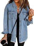 Dokotoo Women's Boyfriend Oversized Lapel Button Up Long Sleeve Denim Trucker Jacket Ripped Denim Jackets Distressed Jean Jacket for Women with Pockets,(US 18-20) 2XL Plus Size,Sky Blue