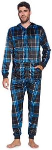 Ashford & Brooks Men's Adult Mink Fleece Hooded One-Piece Union Suit Pajamas - Blue/Black Plaid - X-Large