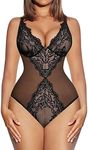 FeelinGirl Lace Shapewear Bodysuit for Women Tummy Control V Neck Backless Tank Tops One Piece Body Shaper Fajas Thongs 3XL D1-black-3 Snap Button Crotch-with Underwire