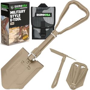 RHINO USA Folding Survival Shovel w/Pick - Heavy Duty Carbon Steel Military Style Entrenching Tool for Off Road, Camping, Gardening, Beach, Digging Dirt, Sand, Mud & Snow - Tan
