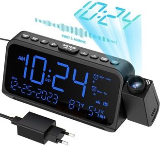 Radio Despertador Proyector, Reloj Despertador Digital con USB Tipo-C, Radio Reloj FM, C°/F°, 12/24 H, DST, 5 Niveles de Brillos, USB, Despertador Digital 270° con Función de Memoria (Azul)