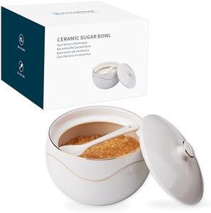 KITCHENDAO Porcelain Sugar Bowl with Lid and Spoon – Dust Free- Ceramic Sugar Holder Container for Countertop Kitchen Coffee, Dishwasher Oven Freezer Safe, 11OZ