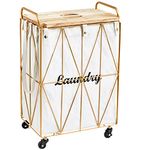 Mxfurhawa Iron Wire Laundry Hamper With Rolling Lockable Wheels, FoldinLaundry Storage Basket with Handles,Detachable Liner Collapsible Dirty Laundry Cart Sorter Clothes Basket Organizer (81-Gold)