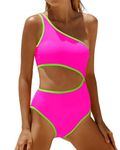 Yonique Women's One Piece Bathing Suit One Shoulder Swimsuit Cutout Swimwear Monokini, Pink and None Green, Medium