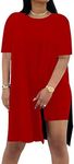 Women Plus Size 2 Piece Outfits Short Sleeve Tunic Tops and Skinny Biker Shorts Sets Tracksuits Red,Medium