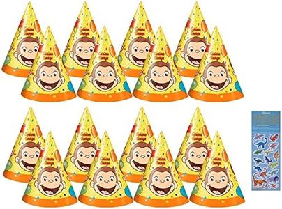 Curious George Birthday Party Supplies Bundle Pack Includes 16 Party Cone Hats and 1 Dinosaur Sticker Sheet, Yellow, Small