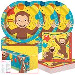 Unique Curious George Dinnerware Party Bundle - 16 Luncheon Napkins, 8 Dinner Plates 9", Table Cover - Kids Birthday Party Disposable Supplies Decorations Set