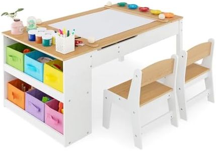Maxmass 2-in-1 Kids Art Table and Chair Set, Children Lift-top Wooden Craft Table with 2-Tier Open Shelf, Paper Roll, 6 Storage Boxes, Toddler Play Table for Drawing, Learning (Wooden, 5 Cups)