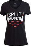 Split Happens | Funny Bowling Team, Bowler Pin Humor Women Fun Girly Top T-Shirt, Vintage Black, Large