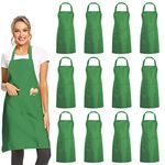 DUSKCOVE 12 Pack Plain Bib Aprons with 2 Pockets - Green Unisex Commercial Apron Bulk for Kitchen Cooking Restaurant BBQ Painting Crafting