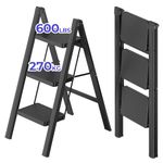 JOISCOPE 3 Step Ladder 270 KG Load Capacity Folding Step With Anti Slip Wide Treads, Lightweight Folding Ladder, Portable Foldable Stool, Multifunctional Small Step Ladder for Indoor/Outdoor, Black