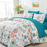 DHSFKBE Boho Comforter Set Queen - 7 Pieces Bed in a Bag Floral Medallions Design, Bohemian Comforter Set with Sheets, Soft Microfiber Complete Bedding Sets All Season (Teal Blue, Queen)