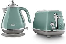 De'Longhi Icona Capitals Kettle and Toaster Set CTOCGR-KBOC, 2 Slice Toaster with Reheat and Defrost Functions, 6 Browning Levels Plus 1.7L Capacity Electric Kettle with Anti-Scale Filter, Green