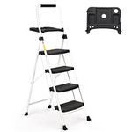 Soctone 4 Step Ladder, Folding Step Stool with Tool Platform, Sturdy & Portable Step Ladder for Adults, 150 kg/330lbs Capacity Ladder for Home Kitchen Pantry Office White