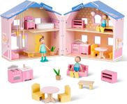 Giant bean Exquisite Pink Wooden Dollhouse for Girls with Dolls and Furniture Accessories,Foldable and Portable Doll House Ideal Gift for Kids Ages 3+,Size 11.4' H X 9.1' W X 11.2' L