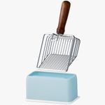 Morrean Metal Cat Litter Scoop with Holder, Stainless Steel Litter Scooper, Kitty Poop Scooper with Wooden Handle, Fast Sifting & Fine Sifting, Heavy Duty Deep Shovel - Silver with Blue Holder
