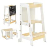 Youyijia 3-in-1 Toddler Learning Tower Kids Step Stool & Mini Desk with Safety Rail, Toddler Steps Stool with Black & Whiteboard for Kitchen Counter, Mothers' Helper (White)