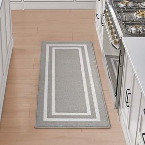 Nautica Runner Rug | Indoor Carpet for Entryway & Hallway Rug| Non-Slip Entry and Kitchen Door Mat| Machine Washable Low Profile Floor Mat | 26" x 72"| Double Border Light Grey and White