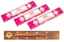 Original Satya Rose Incense Sticks Pack of 3X 15G with Greensense Holder for Aromatherapy, Spa, Yoga, Weddings, Meditation, Healing, Positivity and Relaxation