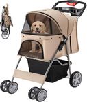 Emily Pets Pet Stroller for Dogs, Cats & Small Animals 4-Wheel Foldable Carrier with Sunshade, Mesh Windows, Cup Holder Portable Travel Stroller for Jogging, Walking – Up to 30 lbs Khaki