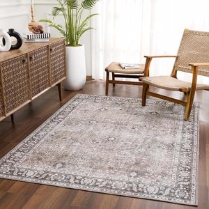 Hauteloom Ganyangan Boho Vintage Distressed Damask Area Rug - Farmhouse Traditional Floral Faded Carpet for Living Room, Bedroom - Machine Washable Rug - Brown, Taupe, Cream - 9'3" x 12'