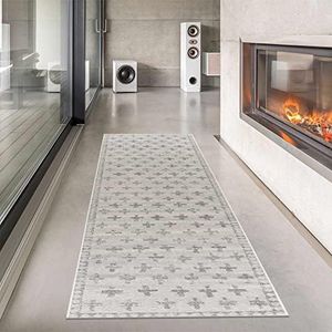 Hauteloom Tigris Collection Sume Transitional Modern Farmhouse Hallway, Entryway, Kitchen Runner Rug - Long Carpet - Distressed Boho - Swiss Cross Bordered - Ivory, Beige, Gray - 2'7" x 12'