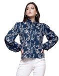 SIRIL Women's Satin Printed Regular Fit Shirt (609STK10965-M_Dark Blue)