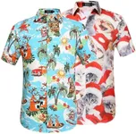 SSLR Christmas Shirts for Men, Santa Claus Party Ugly Funny Family Vacation Hawaiian Shirt (Large, Bright Blue and White Grey)