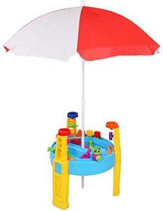 Keezi Water Table with Umbrella, 26pcs Sandpit Toys Kids Pretend Play Set Toddler Sand Tables Baby Activity Beach Toy Outdoor Plays Equipment, Movable Waterwheel Sands Bucket Boat Slide