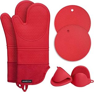 Rorecay Extra Long Oven Mitts and Pot Holders Sets: Heat Resistant Silicone Oven Mittens with Mini Oven Gloves Hot Pads Potholders for Kitchen Baking Cooking, Quilted Liner, Pack of 6 (Bright Red)