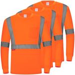 ProtectX 3-Pack Men's High Visibility Heavy Duty Long Sleeve Reflective Safety T-Shirts for Construction, Class 2-3 Type R, Orange Long Solid Medium