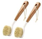 Dish Brush 2 pieces Bristles Dish Scrubber Long Wooden Handle Dishwashing Brush with Hanging Rope for Skillet Pan Kitchen Sink Bathroom Household Cleaning