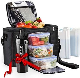 Meal Prep Lunch Bag/Box for Men, Women + 3 Large Food Containers (45 Oz.) + 2 Big Reusable Ice Packs + Shoulder Strap + Shaker with Storage. Insulated Lunchbox Cooler Tote. Adult Portion Control Set