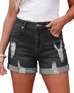 LookbookStore Women's Summer Casual High Waisted Rolled Hem Distressed Jeans Womens Jorts Y2K Ripped Denim Jean Shorts Black Size XL