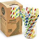 [200 Pack] Giant Paper Drinking Straws 0.31"/ 8mm Wide, 7.75 Inch Long- Assorted Colors, 100% Biodegradable