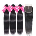 Brazilian Hair Bundles with Closure Straight Human Hair Bundles with Closure Straight 12A Unprocessed Virgin Human Hair 3 Bundles with 4X4 Free Part Lace Closure Straight Hair Bundles 16 18 20 +14