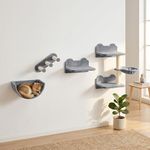 PawHut 4PCs Wall Mounted Cat Tree Cat Wall Shelves Furniture Climbing Shelf Set Kitten Activity Centre with Hammock, Scratching Post - Grey
