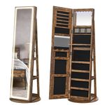 SONGMICS LED Mirror Jewellery Cabinet Standing, Lockable Jewellery Armoire with Full-Length Mirror and Adjustable LED Lights, Space-Saving Jewellery Organiser, Gift Idea, Rustic Brown JJC008X02