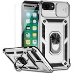 for iPhone 8 Plus / iPhone 7 Plus / iPhone 6 Plus Case with Camera Lens Cover HD Screen Protector, 15 ft Military Grade Drop Protection Magnetic Ring Holder Kickstand Protective Phone Case (Silver)