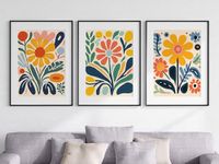 Retro Groovy Flowers Wall Art Set of 3 Unframed Poster Prints, Modern Abstract Floral Design, Lounge Bedroom Kitchen Posters Home Decor, Flower Market Vibrant 60s 70s, Yellow Green Blue Coral (A4)